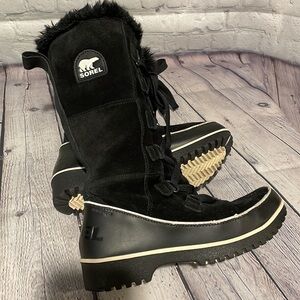 Sorel black suede, tall lace up winter boot size 7.5